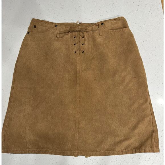 Faded Glory Faux Suede Mini Skirt Lace up Front Camel Brown 6 Cowgirl Western - Picture 1 of 10